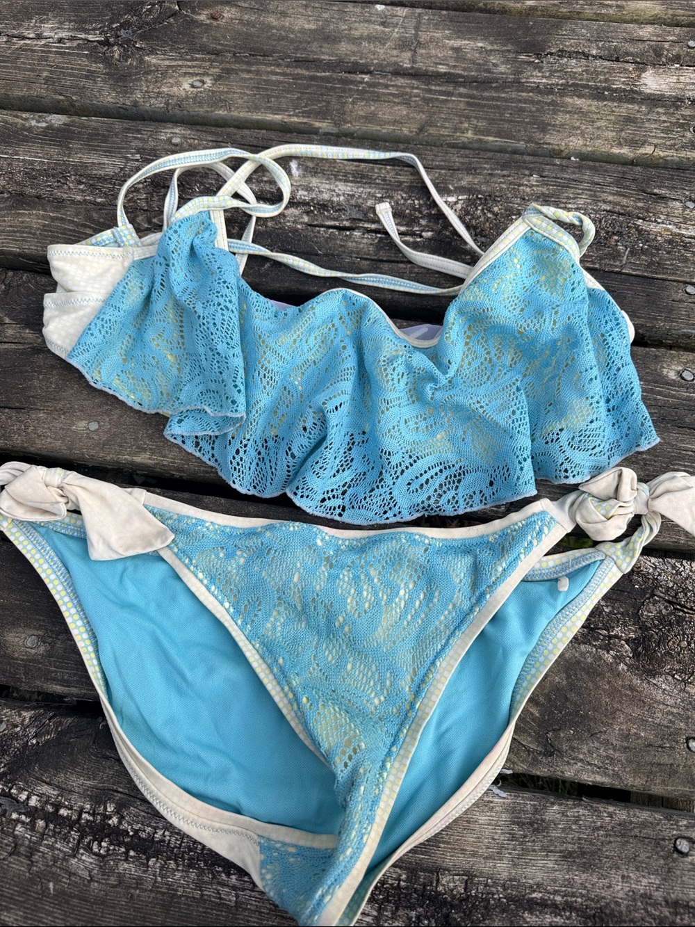 Blush Sky Blue Lace Ruffle Bandeau Bikini with Cream Trim